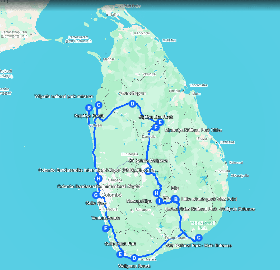 Grand Sri Lanka Family Discovery Tour Journey Route