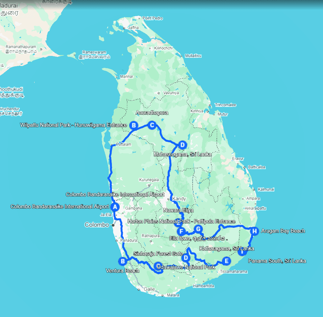 Ultimate Sri Lanka Wildlife & Beach Expedition Journey Route